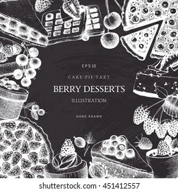 Vector collection of ink hand drawn berry cake, pie and tart illustration. Vintage set of decorative berries dessert sketch on white background. Design elements for bakery menu or baking shop.