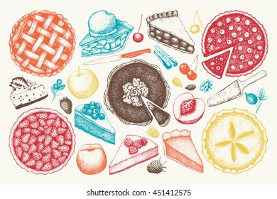 Vector collection of ink hand drawn fruit and berry baking illustration. Vintage set of traditional cake, tart and pie sketch. Sweet  bakery. Top view. 