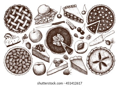 Vector collection of ink hand drawn fruit and berry baking illustration. Vintage set of traditional cake, tart and pie sketch. Sweet  bakery. Top view. 