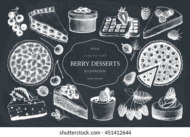 Vector collection of ink hand drawn berry cake, pie and tart illustration. Vintage set of decorative berries dessert sketch on white background. Design elements for bakery menu or baking shop.