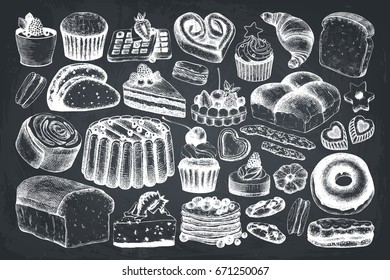 Vector collection of ink hand drawn baking illustrations. Vintage set of bread and pastries sketch. Bakery or bakehouse menu design on chalkboard