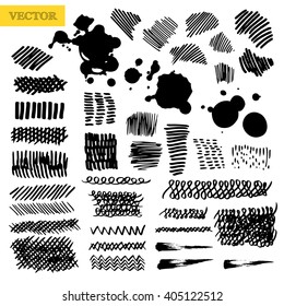 Vector collection of the ink lines, strokes, blobs, splashes, dotes, spots and hatching. Vector illustration of the hand drawn textures on the white background.