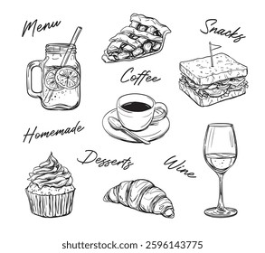 Vector collection of ink style hand drawn illustrations of lemonade, pie, croissant, wine glass, sandwich and pie for restaurant or cafe menu