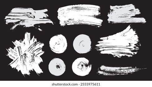 Vector collection of ink white brush strokes. Template dirty textures of banners, boxes, frames and design elements. Grunge brushes, ink set. Painted grunge white objects isolated on black background.