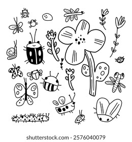 Vector collection with insects and flowers: ladybug, beetle, caterpillar, snail, worm, butterfly and many others. A set for printing stickers in a contoured cartoon style