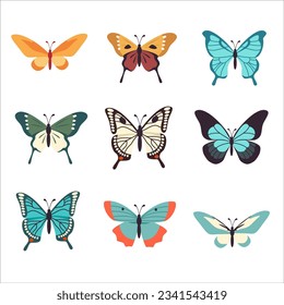 Colección vectorial de insectos sobre fondo blanco. Mariposas multicolores de diferentes especies 