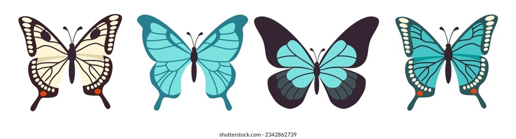 Vector collection of insects on white background. Multicolored butterflies of different species 