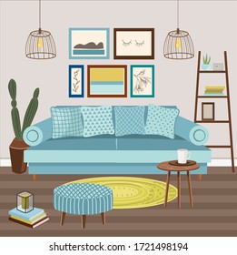 Vector collection with interiors of 
 furniture and home decorations. Cozy living room in hygge style. Flat colorful illustration.