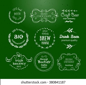 Vector collection of Irish hand drawn logo templates.Irish brew house, beer, dessert, jewellery, bakery logotypes.Vintage badges and icons.Hand sketched modern icons. St.Patrick's Day lettering labels