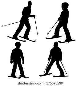 Vector collection of isolated alpine skiing silhouettes on white background 