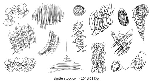 Colección vectorial de líneas aisladas de caos de color negro. El dibujo a mano enreda líneas continuas en el fondo blanco. Conjunto de elementos de esbozo de doodle.