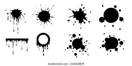 La colección de vectores de manchas aisladas de garrapatas de tinta negra imprime salpicaduras de manchas y gotas sobre fondo de papel blanco. Se puede utilizar para las ilustraciones sucias de grunge