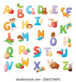 Vector collection of isolated cartoon letters of the English alphabet with colorful illustrations.