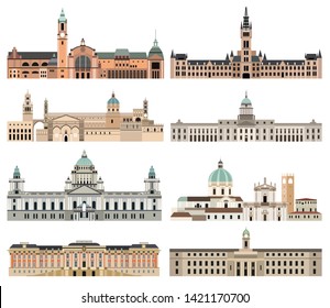 vector collection of isolated detailed city halls, landmarks, administrative buildings, palaces and other city's skyline architectural elements