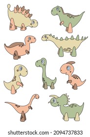 Vector collection with isolated illustration of nine cartoon little dinosaur in gentle colors. Cute children‘s characters. Nice illustration for cards, stickers, clip art, pattern, kids room decor