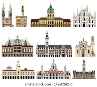 colección vectorial de monumentos aislados, castillos, catedrales, templos, palacios y otros elementos arquitectónicos de la ciudad