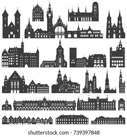 vector collection of isolated palaces, temples, churches, cathedrals, castles, city halls, edifices, ancient buildings and other architectural monuments silhouettes