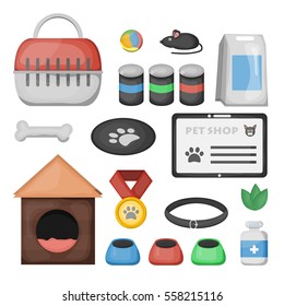 Vector collection of isolated pet shop accessories and veterinarian equipment on the white background