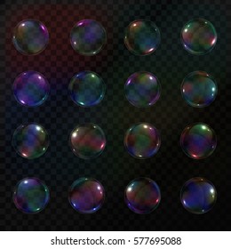 Vector collection of isolated realistic soap bubbles on the transparent background.