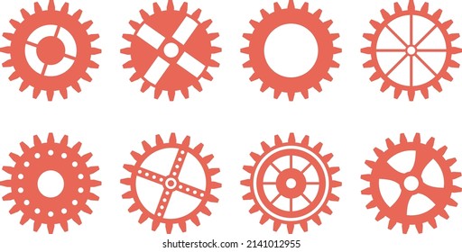 Vector collection of isolated red gears. concept of equipment, machinery, work.