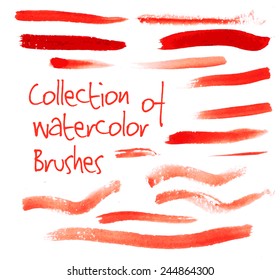 Vector collection of isolated red watercolor brushes on white background