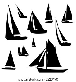 Colección vectorial de diseños aislados de silueta Sailboat.