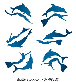 Vector collection of isolated silhouette free diver and dolphin. Freediving icons - friendship between people and dolphin.