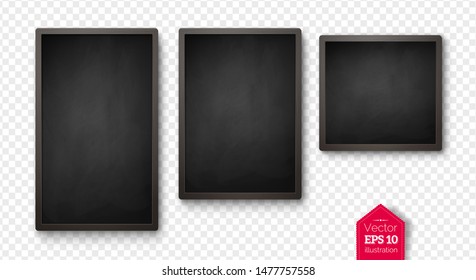 Vector collection of isolated square and vertical menu boards with black frames and shadow on transparency background.