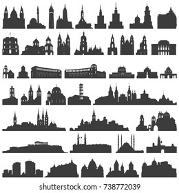 vector collection of isolated temples, churches, cathedrals, castles,  ancient buildings and other architectural monuments silhouettes