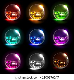 Vector collection of isolated transparent ball with luminous liquid inside. Realistic glass magic items. Bright elements for game design. 