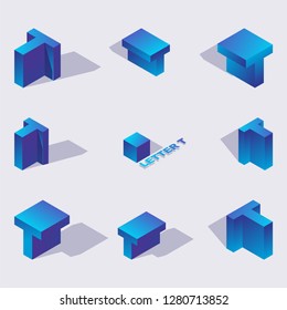 Vector collection with isometric 3d blue letters T or Te of cyrillic script in various foreshortening. 3d alphabet elements drawn with vivid gradients