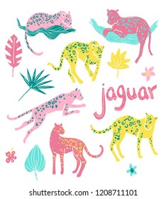 Vector collection of jaguars. Going, staying, sleeping, jumping. Tropic wild animals and plants in folk naive style.