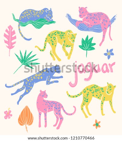 Vector collection of jaguars. Going, staying, sleeping, jumping. Tropic wild animals and plants in folk naive style.