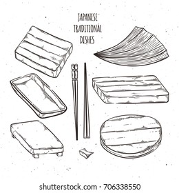 Vector collection of japan dishes and coockware. Set of wooden and bamboo stands and trays.