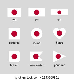 Vector collection of Japanese flags in different shapes and ratio. Japan flag high quality set