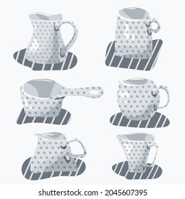Vector collection of jugs with polka dot pattern in doodle style. Stylized tableware set in gray tones.