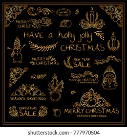 Vector collection of kawaii tiny arts in premium gold design. Abstract Christmas trees, candles, holly, poinsettia, mistletoe leaves, little frames and dividers, ornate wave arrows. New arts in each
