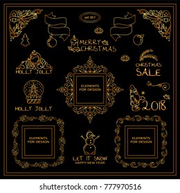 Vector collection of kawaii tiny arts in premium gold design. Abstract Christmas trees, candles, holly, poinsettia, mistletoe leaves, little frames and dividers, ornate wave arrows. New arts in each