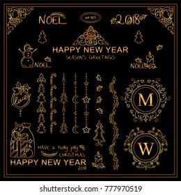 Vector collection of kawaii tiny arts in premium gold design. Abstract Christmas trees, candles, holly, poinsettia, mistletoe leaves, little frames and dividers, ornate wave arrows. New arts in each