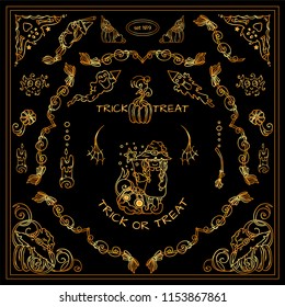 Vector collection of kawaii tiny signs and symbols in premium gold style. Halloween, 31 October elements for frames, borders, dividers, arrows, cute spiders, monsters. Different new arts in each set