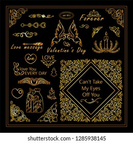Vector collection of kawaii tiny signs and symbols in premium gold design. 14 february, Valentine’s day elements for frames, borders, squares, dividers, arrows, flags. Different new arts in each set