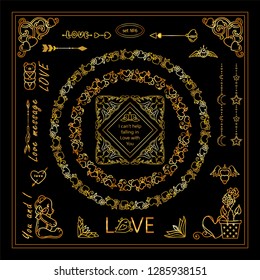Vector collection of kawaii tiny signs and symbols in premium gold design. 14 february, Valentine’s day elements for frames, borders, squares, dividers, arrows, flags. Different new arts in each set