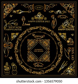 Vector collection of kawaii tiny signs and symbols in premium gold design. Eastern day elements for frames, borders, squares, dividers, arrows, flags. Different and new arts in each set