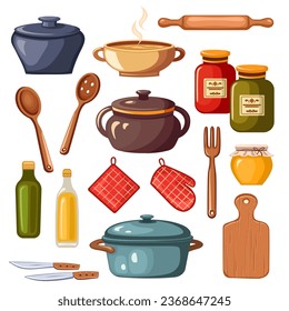 Colección vectorial de herramientas de cocina y utensilios al estilo de las caricaturas. Ilustración del conjunto de iconos. Aislado sobre fondo blanco.