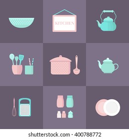 Vector collection of kitchen utensils for cooking. Set of kitchen icons. Kitchen tools. Set of vector elements for the kitchen. Illustration in flat style.
