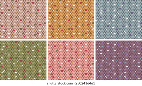 Vector collection of knitted patterns, set of seamless knitted backgrounds and textures, colorful