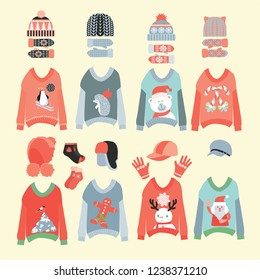 Vector collection of knitted woolen Winter Hats and cute ugly christmas sweaters icon set .