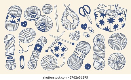 Vector collection of knitting yarn balls and crochet hooks. Hand drawn doodle set with wool skeins and needles in minimalist mediterranean style