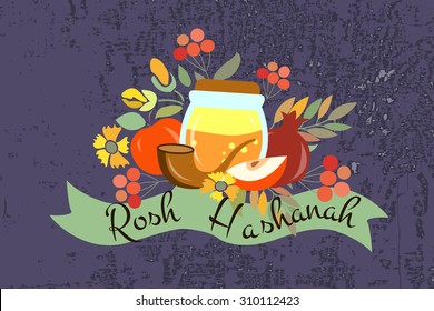 Vector collection of label and elements for Rosh Hashanah (Jewish New Year). Icon or badge with signature "Shana Tova".Flower template for postcard, invitation card with floral wreath