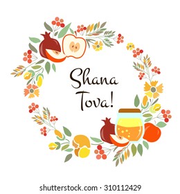 Vector collection of label and elements for Rosh Hashanah. Icon or badge with signature "Shana Tova".Flower template for postcard, invitation card with floral wreath